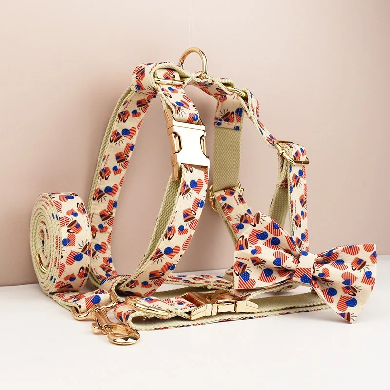 Luxury Dog Collar Leash Harness Set with American Flag Bow Tie
