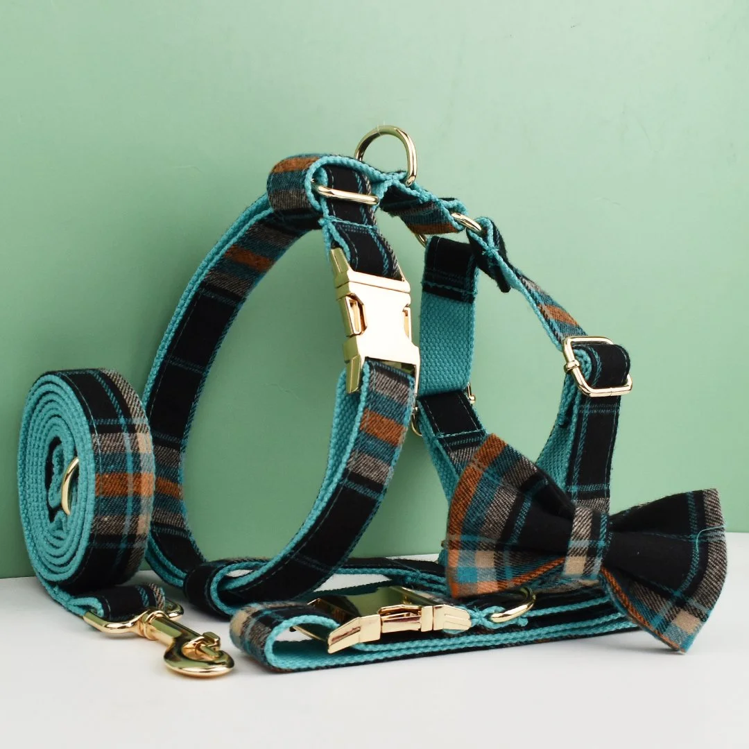 Luxury American Flag Dog Collar Leash & Harness Set with Bow Tie