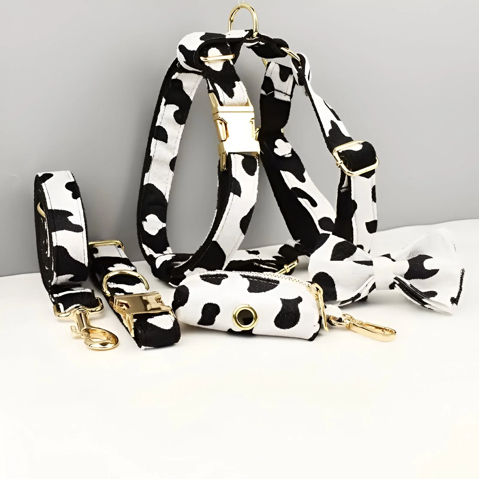 Luxury Cow Print Tactical Dog Collar Harness and Leash Set