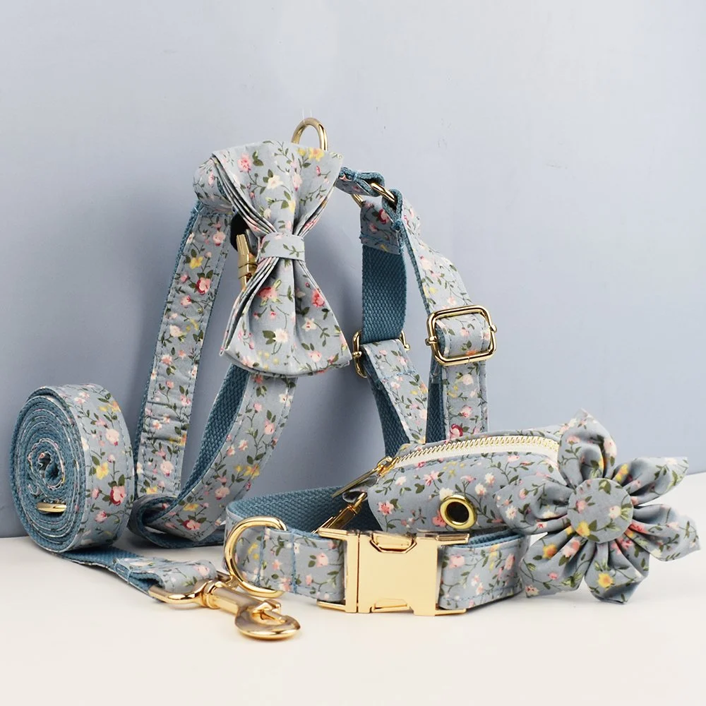 Floral Dog Collar and Leash Set with Engraved Nameplate for All Dog Sizes