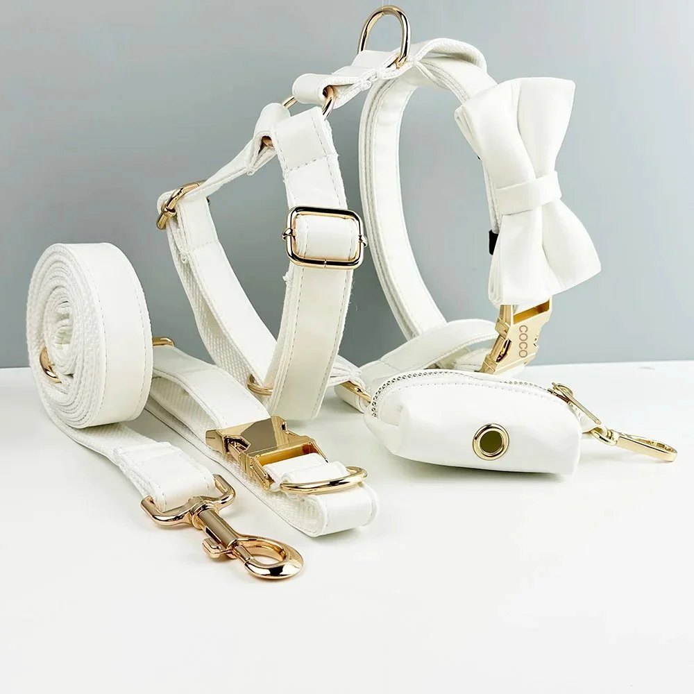 White Leather Dog Collar and Leash Set