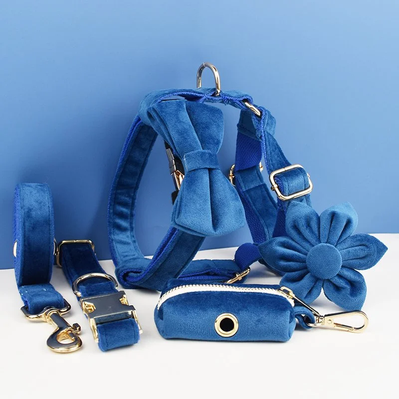 Blue Velvet Dog Collar and Leash Set