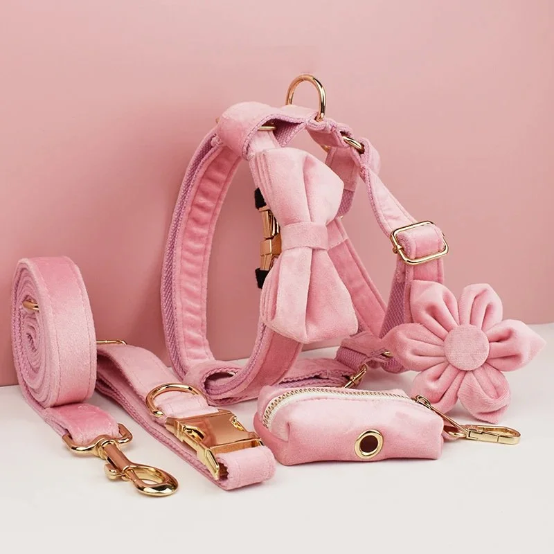 Pink Velvet Dog Collar and Leash Set