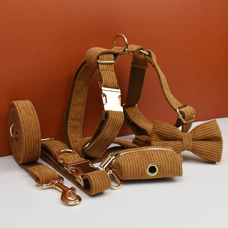 Caramel Corduroy Dog Collar and Leash Set