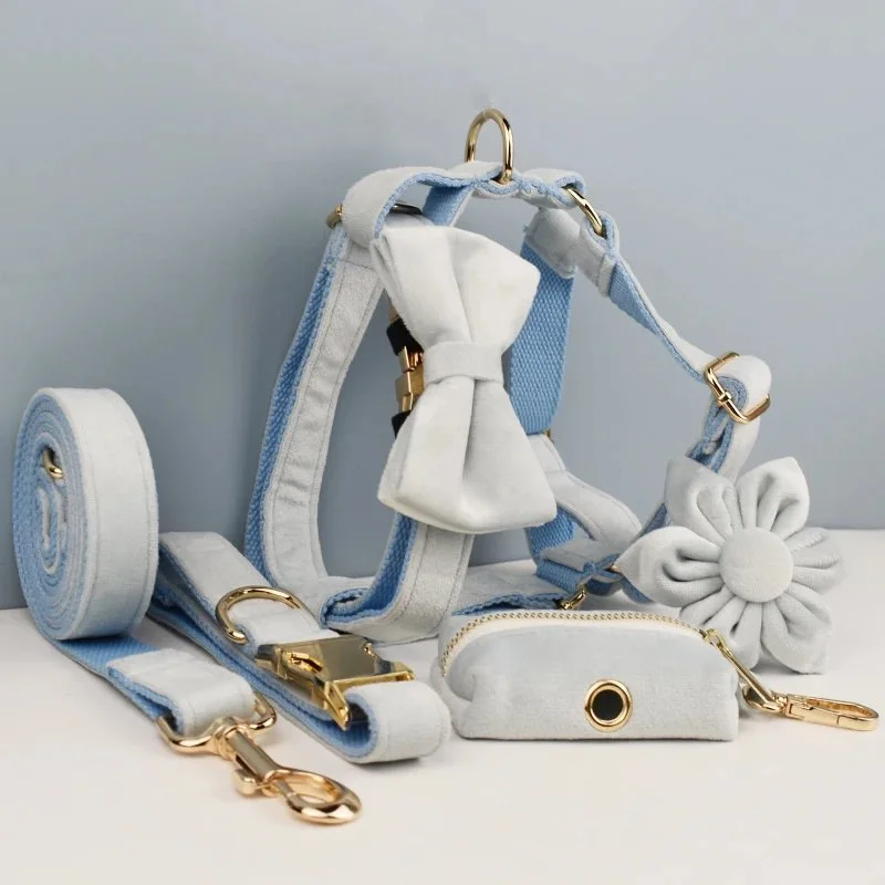 Light Blue Velvet Dog Collar and Leash Set