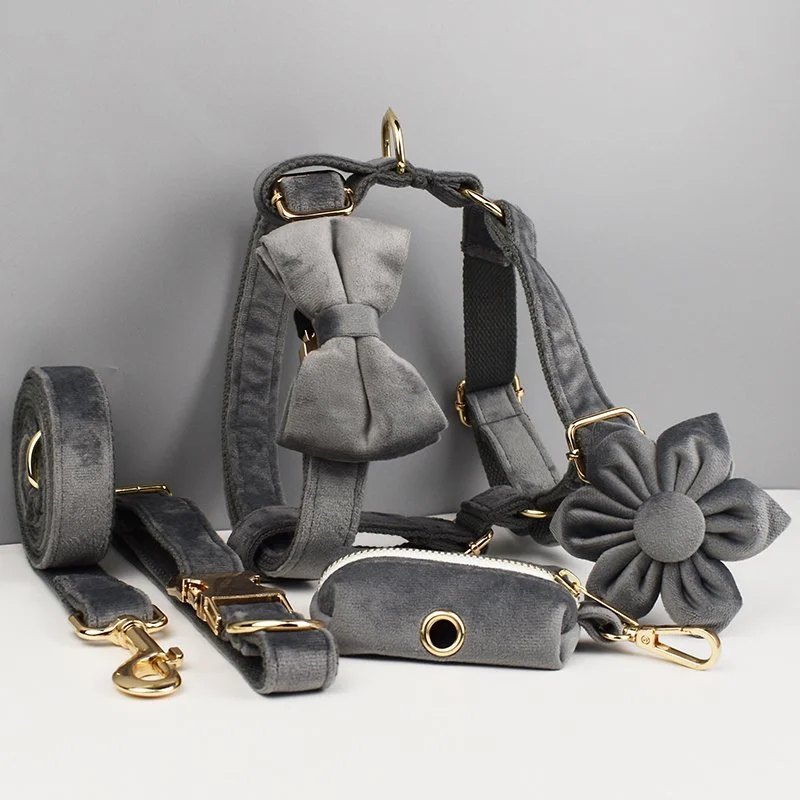 Dark Grey Velvet Dog Collar and Leash Set