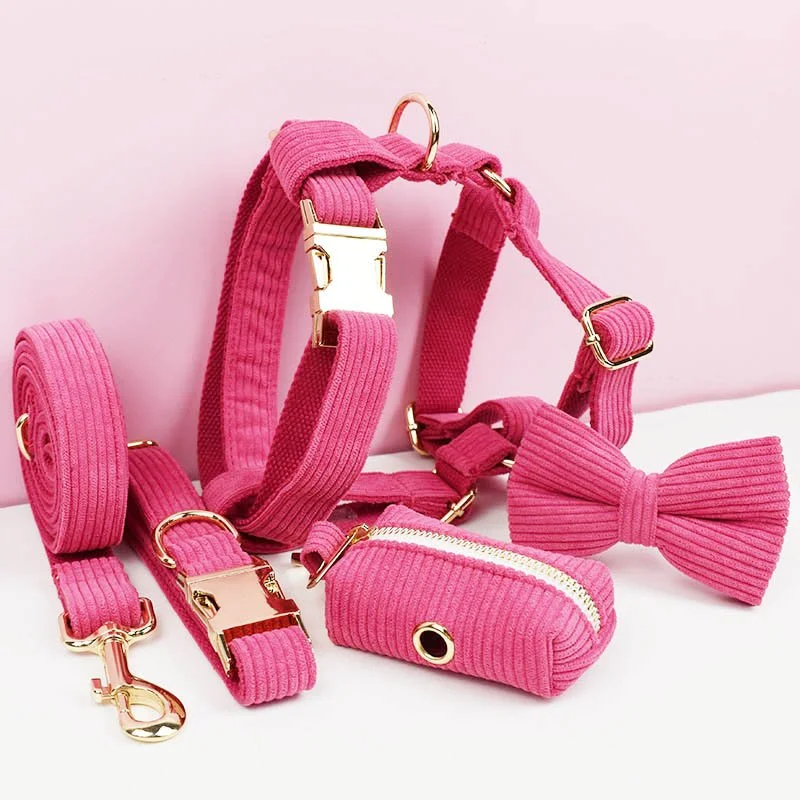 Red Corduroy Dog Collar and Leash Set