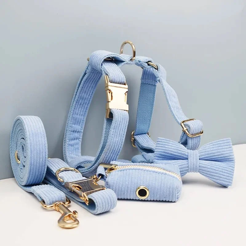 Blue Corduroy Dog Collar and Leash Set