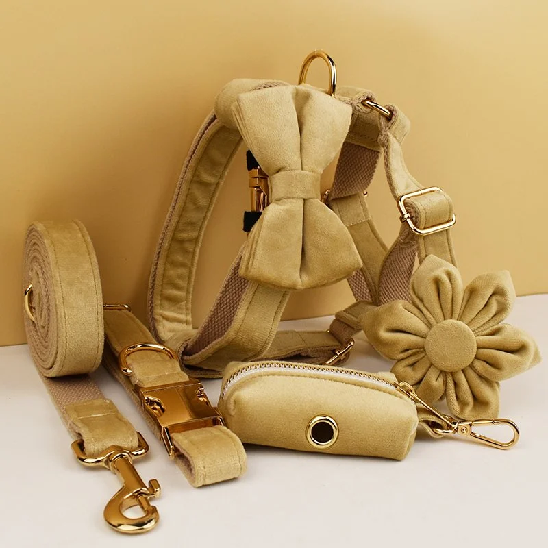 Nude Velvet Dog Collar and Leash Set