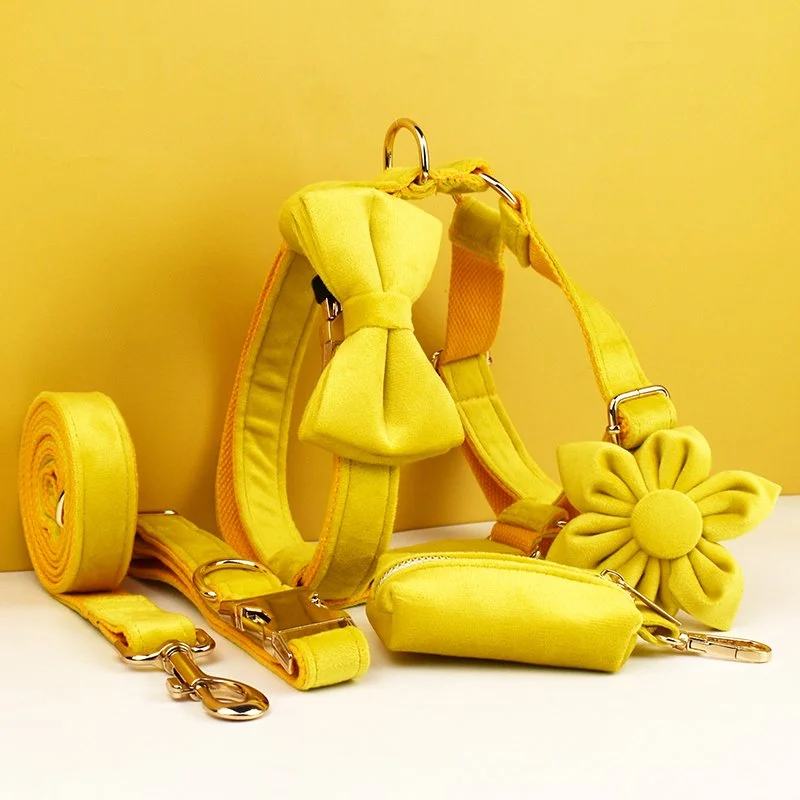 Yellow Velvet Dog Collar and Leash Set
