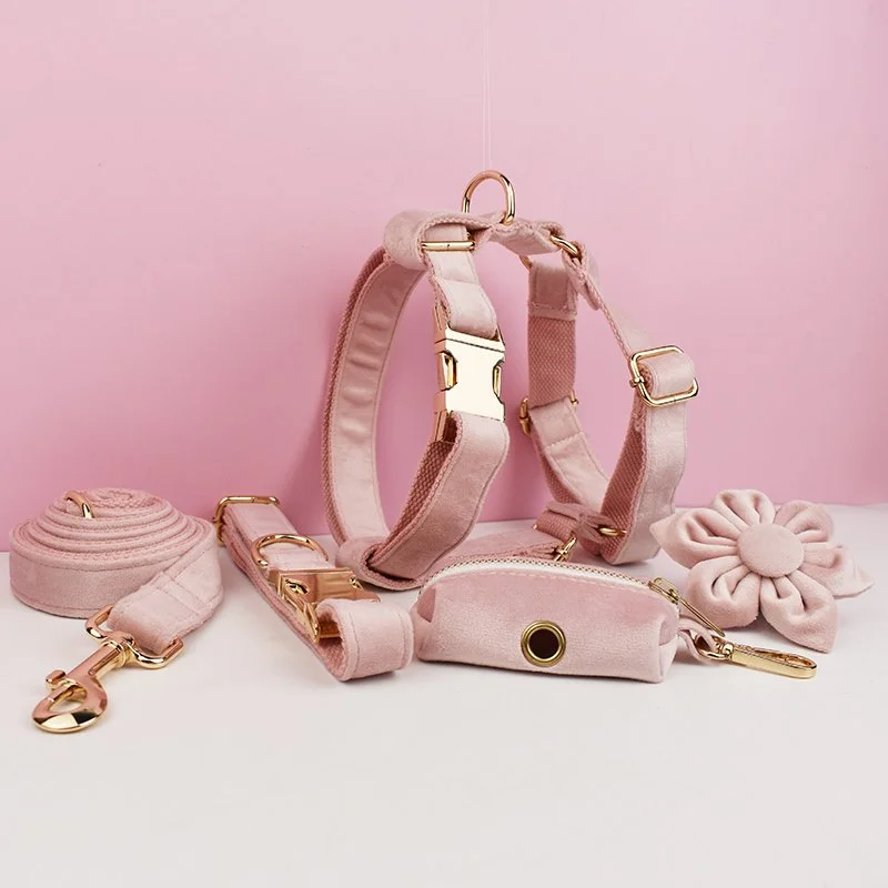 Pale Pink Velvet Dog Collar and Leash Set
