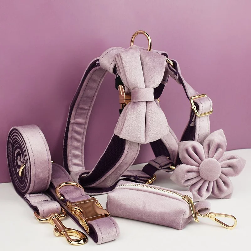 Deep Purple Velvet Dog Collar and Leash Set