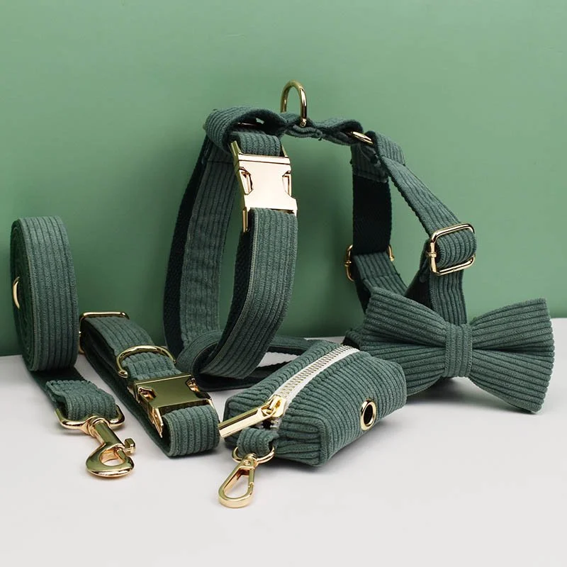 Dark Green Corduroy Dog Collar and Leash Set with Engraved Nameplate