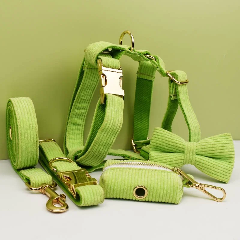 Green Corduroy Dog Collar and Leash Set with Engraved Nameplate