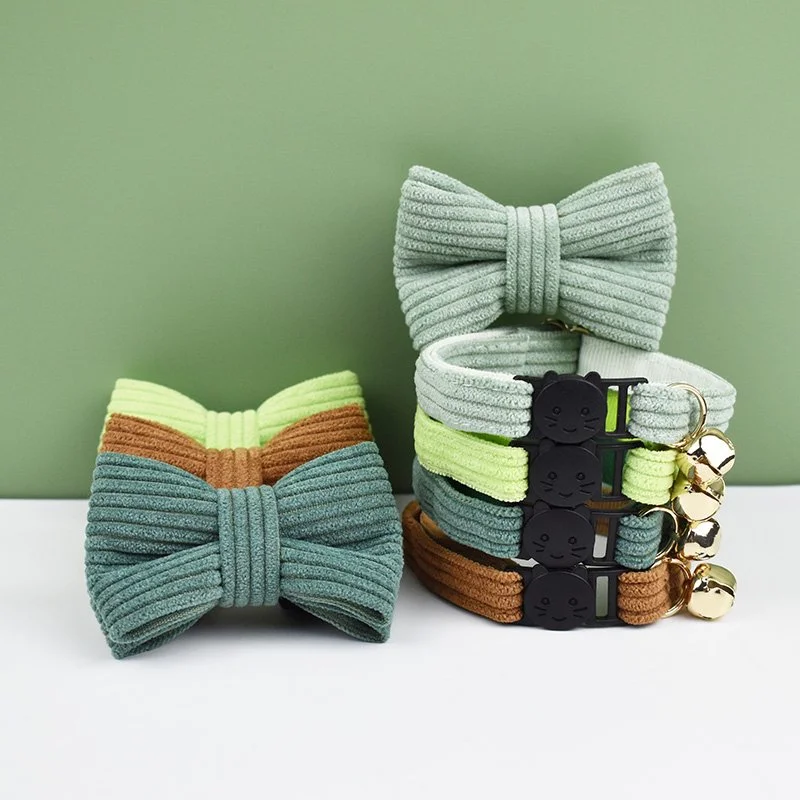 Adjustable Corduroy Cat Collar with Bow Tie and Safety Buckle