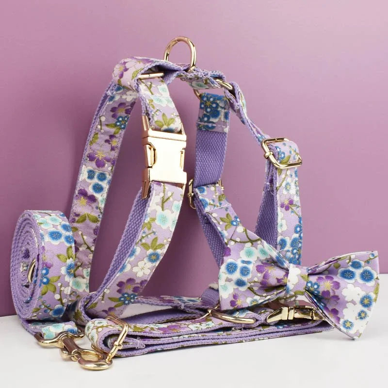 Adjustable Purple Dog Harness & Collar Leash Bow Set – Soft Cotton Pet Accessories