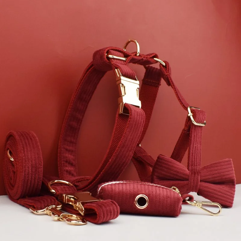 Wine Red Corduroy Dog Collar and Leash Set