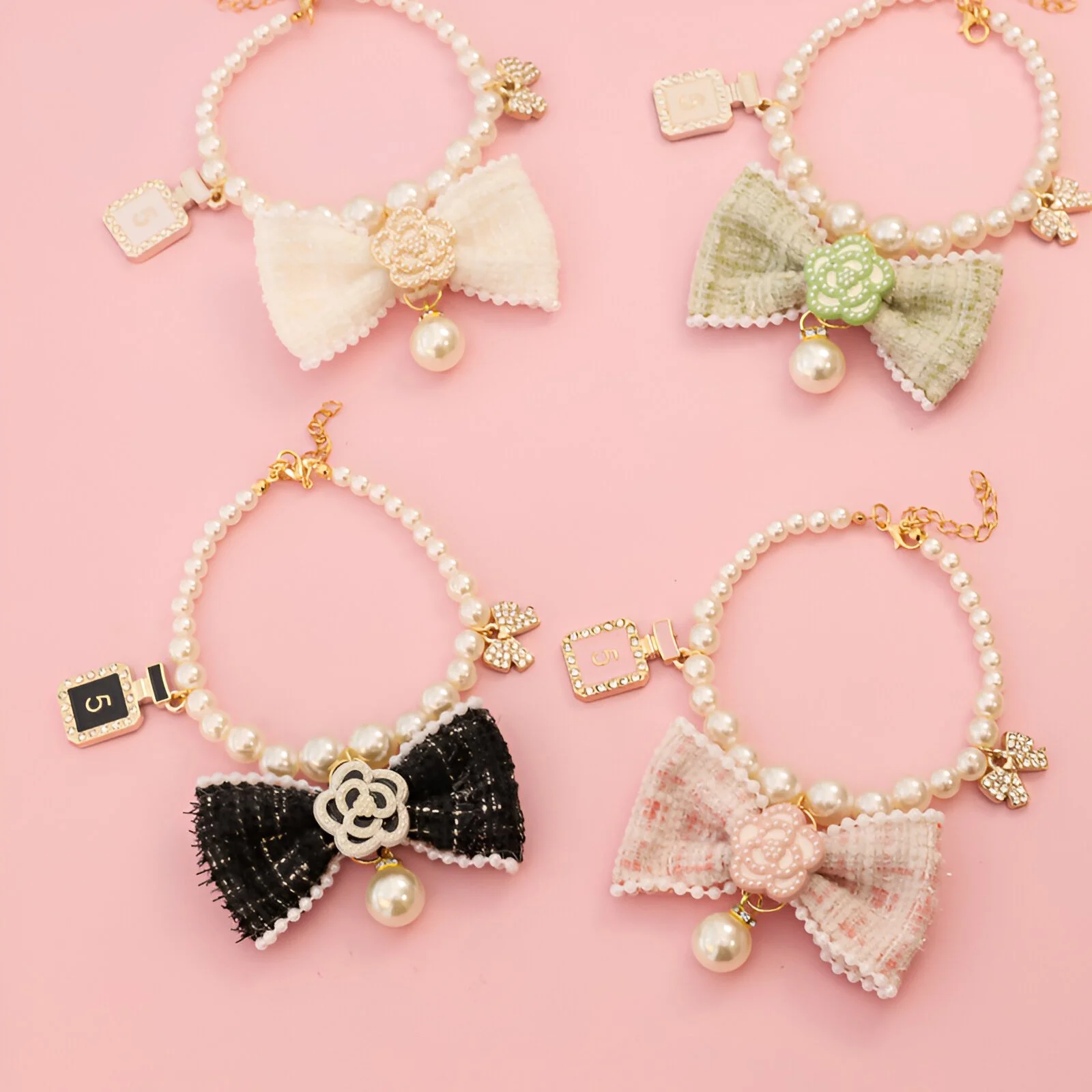 Elegant Pearl Pet Necklace with Bow & Flower Charm – Seasonal Dog & Cat Collar