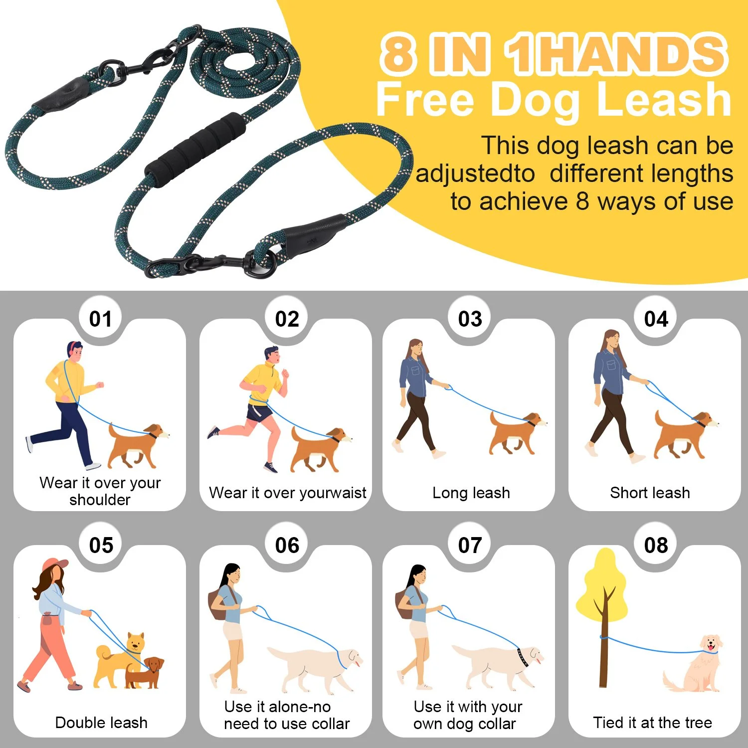 Heavy Duty 7.5 FT Convertible Dog Leash with Padded Handle