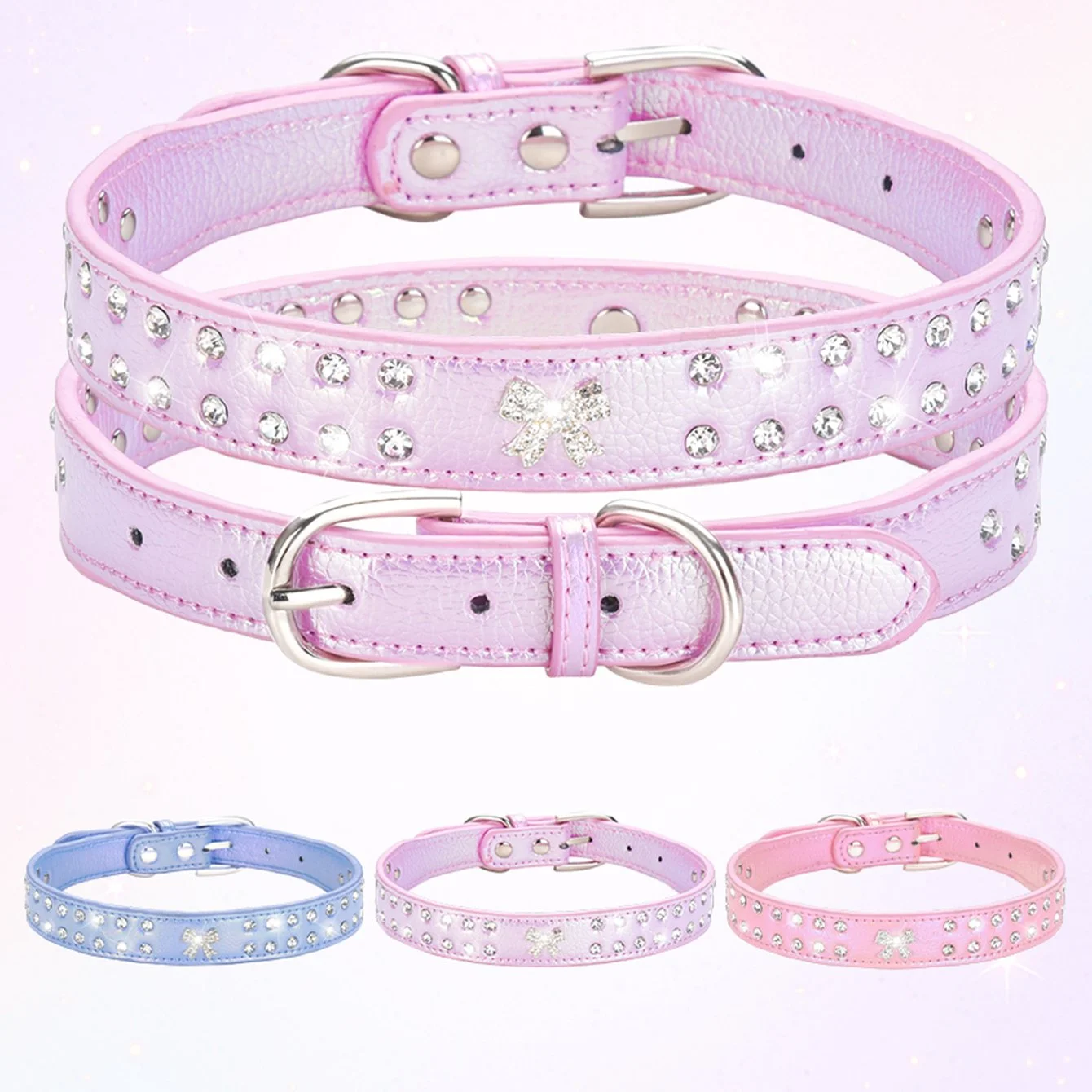 Shiny Rhinestone PU Dog Collar for Small to Medium Breeds
