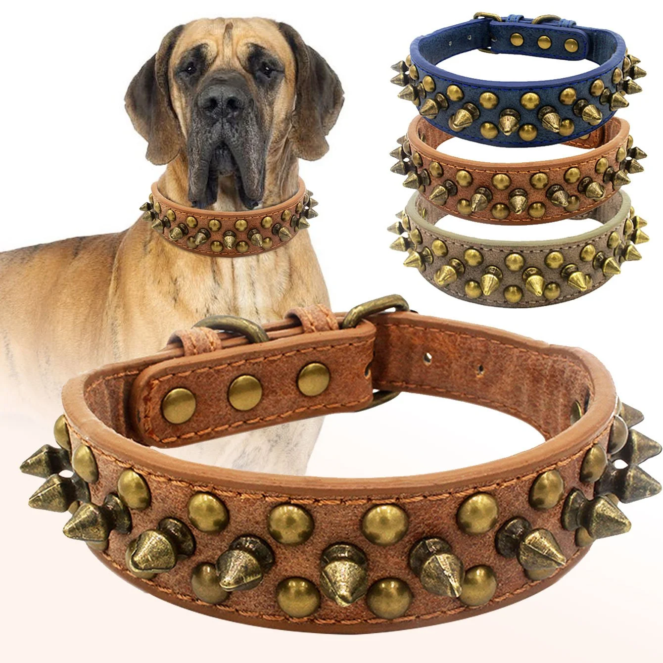 Vintage Brass Rivet Heavy-Duty Adjustable Dog Collar