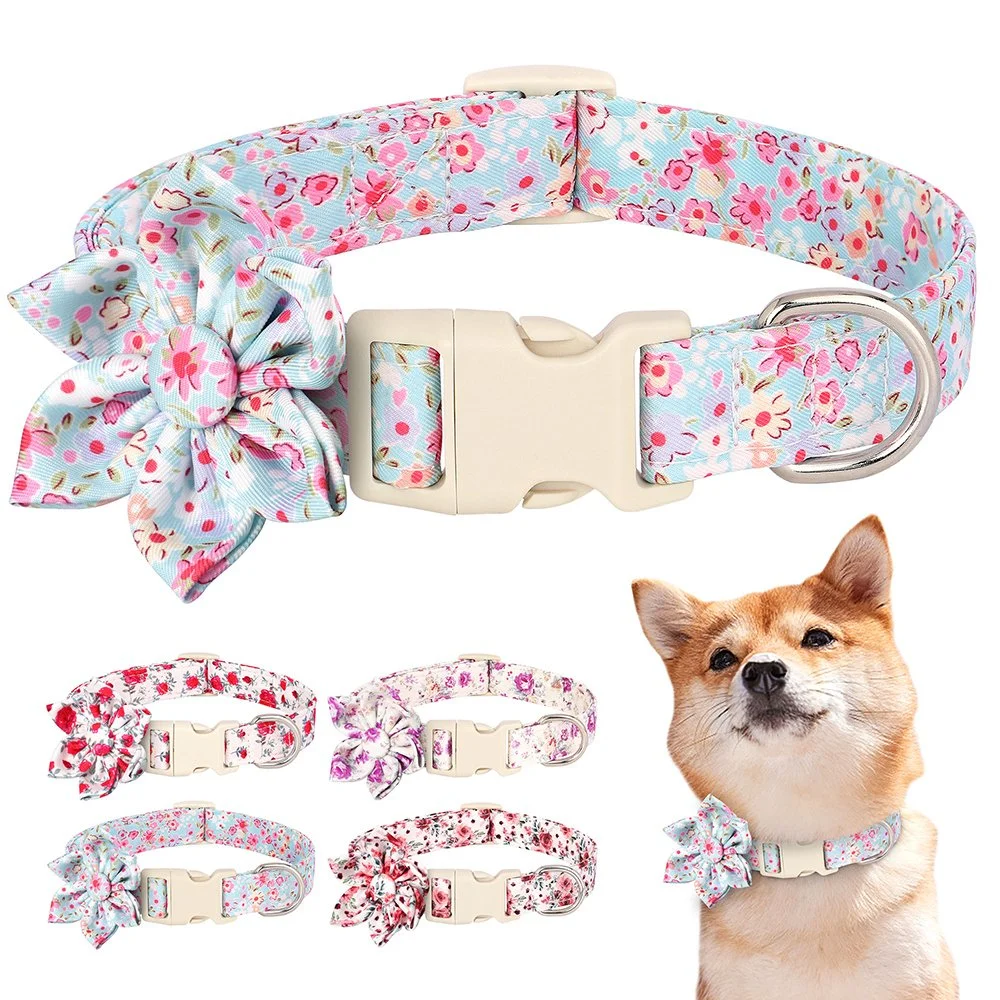 Fashion Bowknot Dog Collar with Cute Flower Print - Adjustable Pet Necklace for Small, Medium & Large Dogs