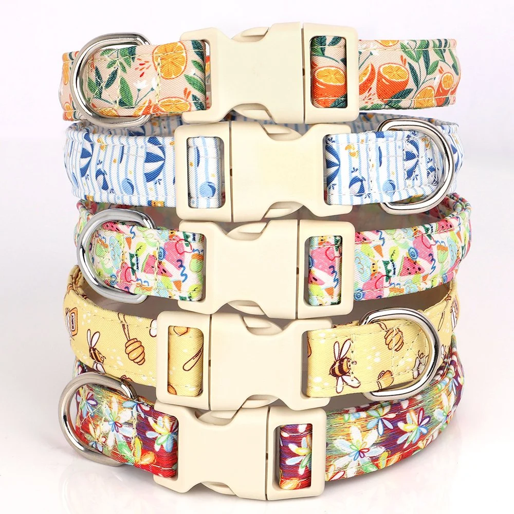 Cute Print Adjustable Nylon Dog Collar with Bee & Flower Pattern