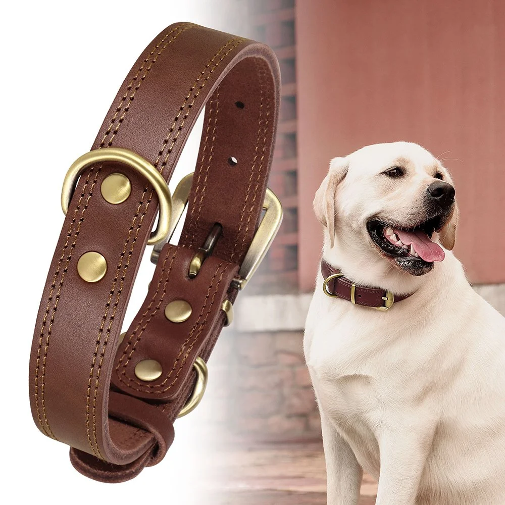 Genuine Leather Dog Collar - Adjustable Durable Real Leather Collar for Small & Large Dogs