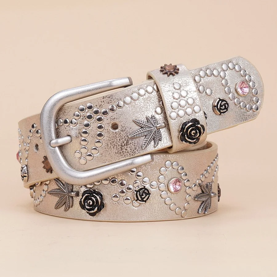 Women’s Genuine Leather Floral Buckle Belt – 1.4" Wide Waistband