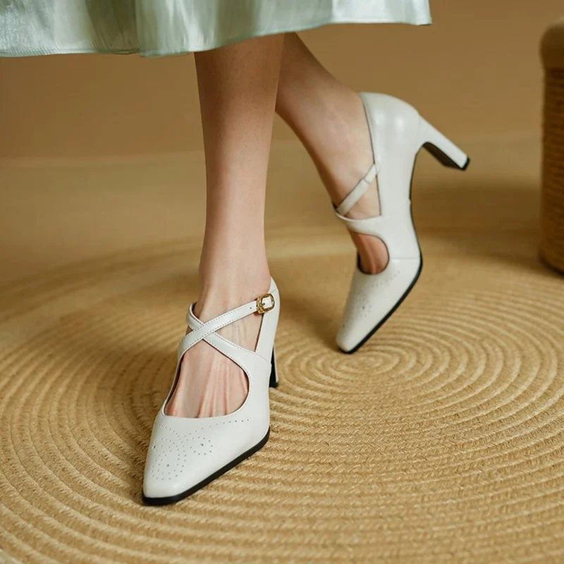 Women’s Square Toe Leather Pumps with Cross Strap High Heel