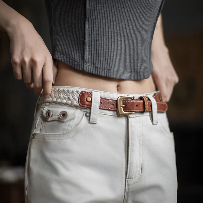 Handwoven Full-Grain Leather Boho Belt for Jeans & Dresses