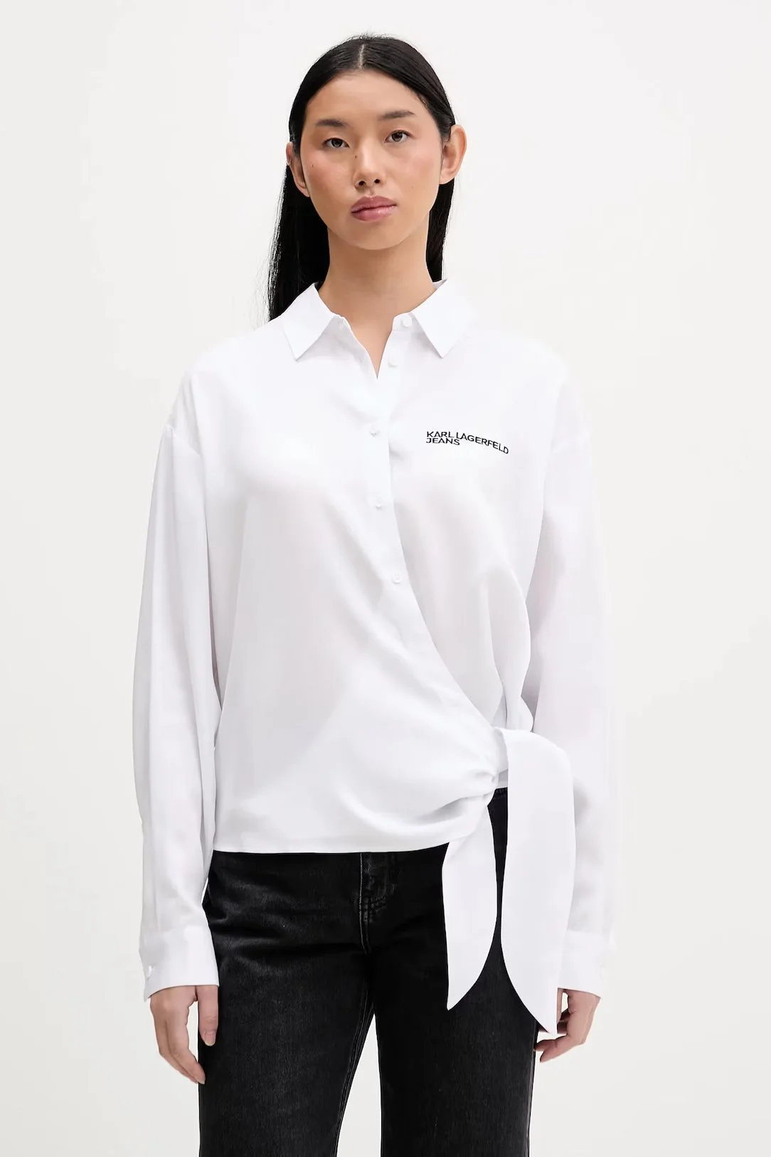 Karl Lagerfeld Women's White Lyocell Shirt - Classic Round Neck & Button Closure