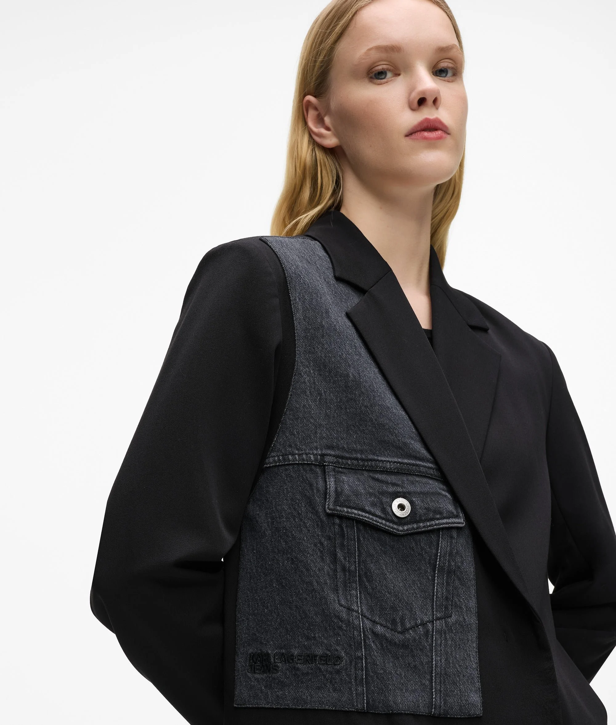 Karl Lagerfeld Women's Denim Panel Double-Breasted Blazer