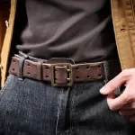 Vintage Genuine Leather Belt with Copper Double Prong Buckle