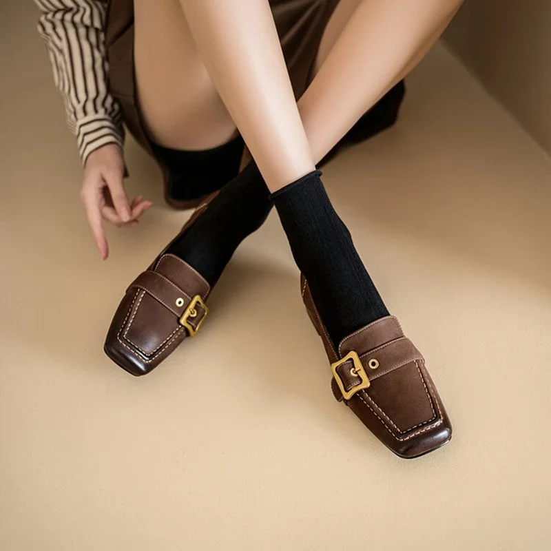 Women’s Genuine Leather Square Toe Loafers with Chunky Heel