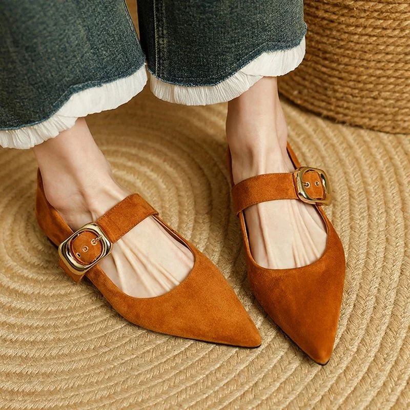 Women’s Pointed Toe Suede Mary Jane Pumps with Low Heel