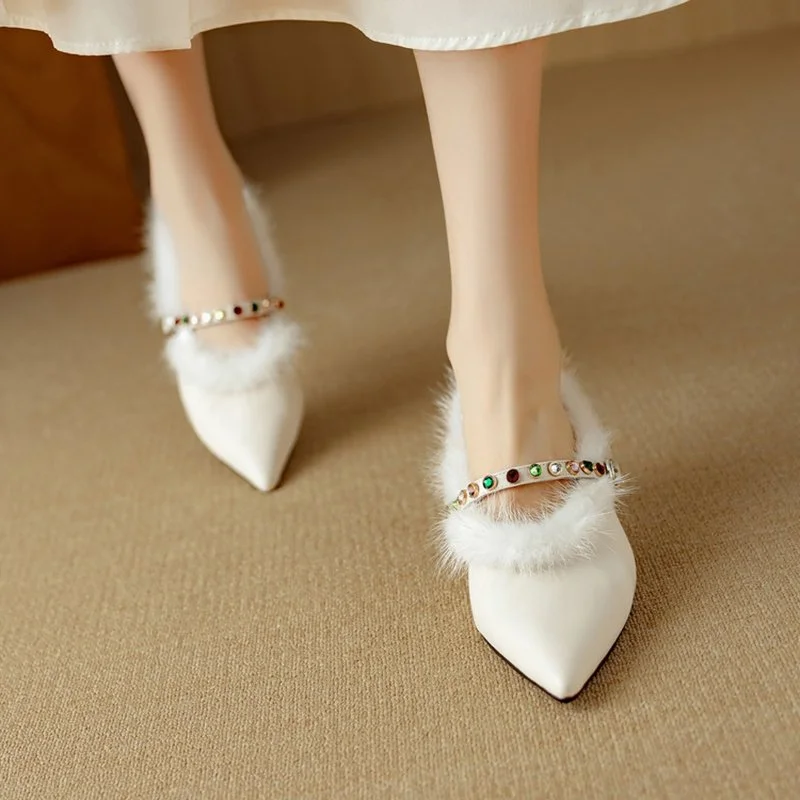Pointed Toe Slingback Leather Pumps with Fur Accent