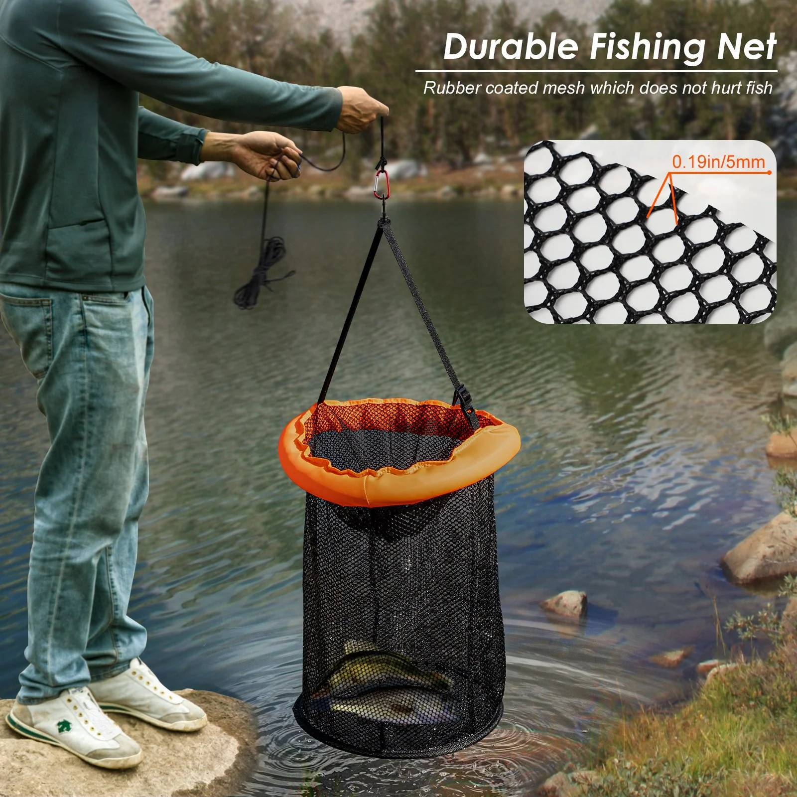 Portable Fishing Net Basket Mesh Landing Net for Fish & Shrimp Storage