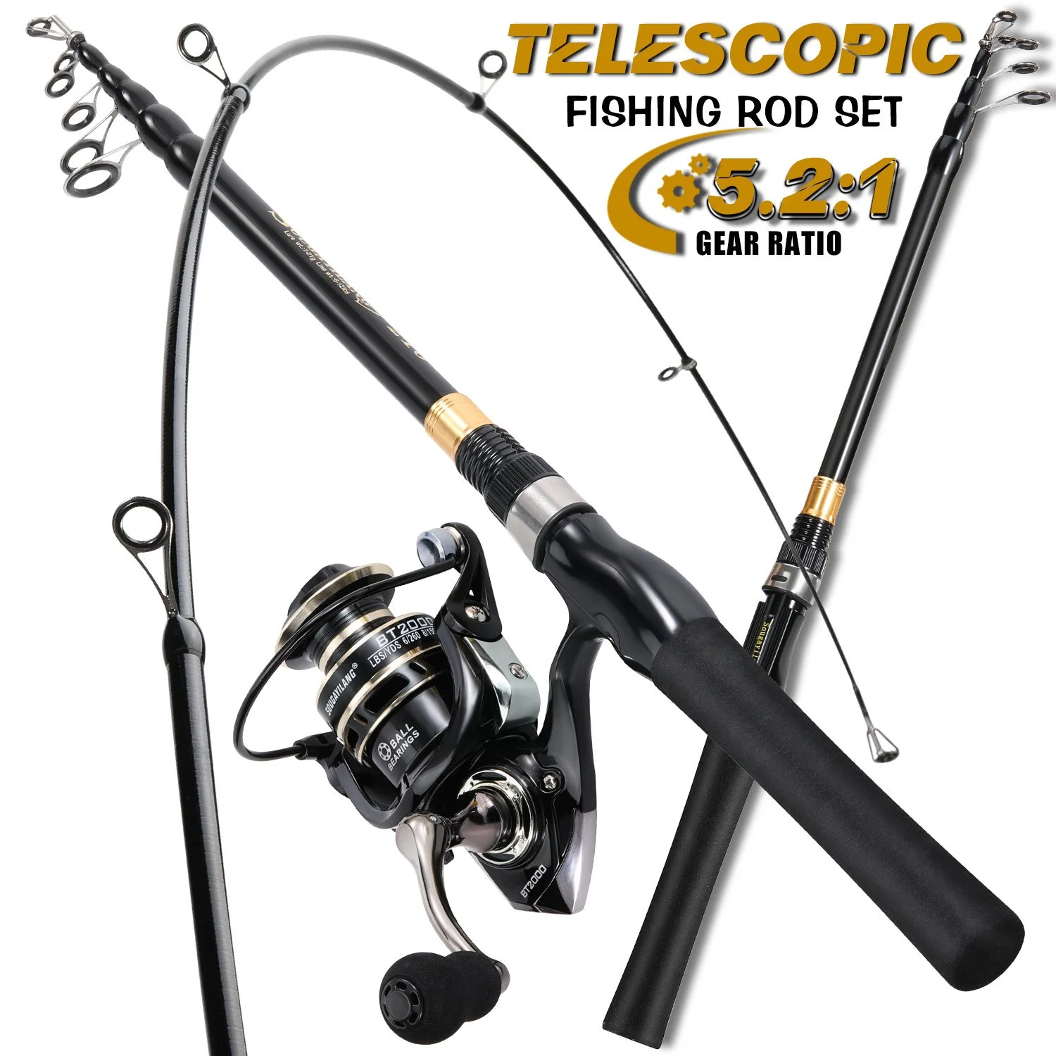 Telescopic Carbon Fiber Fishing Rod Set with 5.2:1 Spinning Reel Full Kit