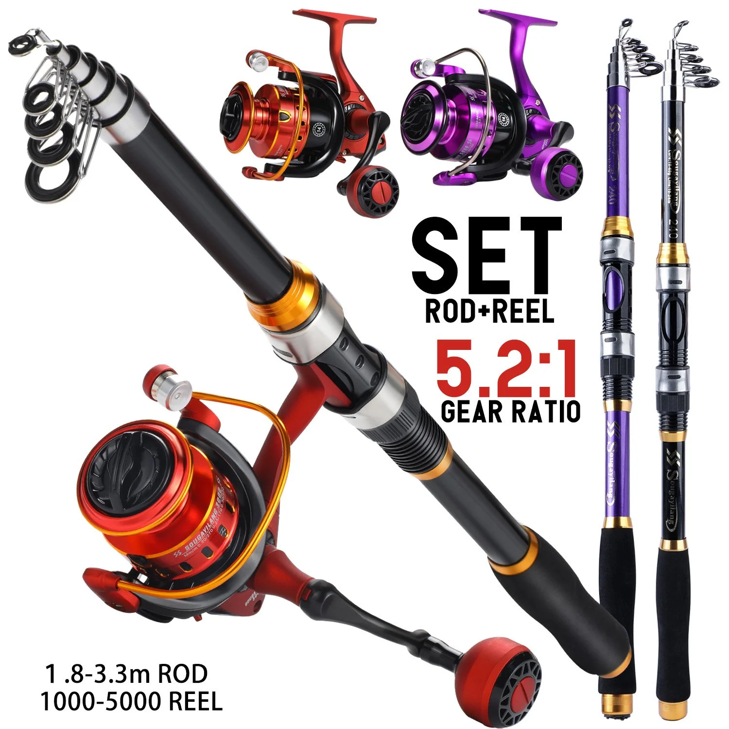 Telescopic Spinning Fishing Rod and Reel Combo Set 1.8-3.3m Freshwater