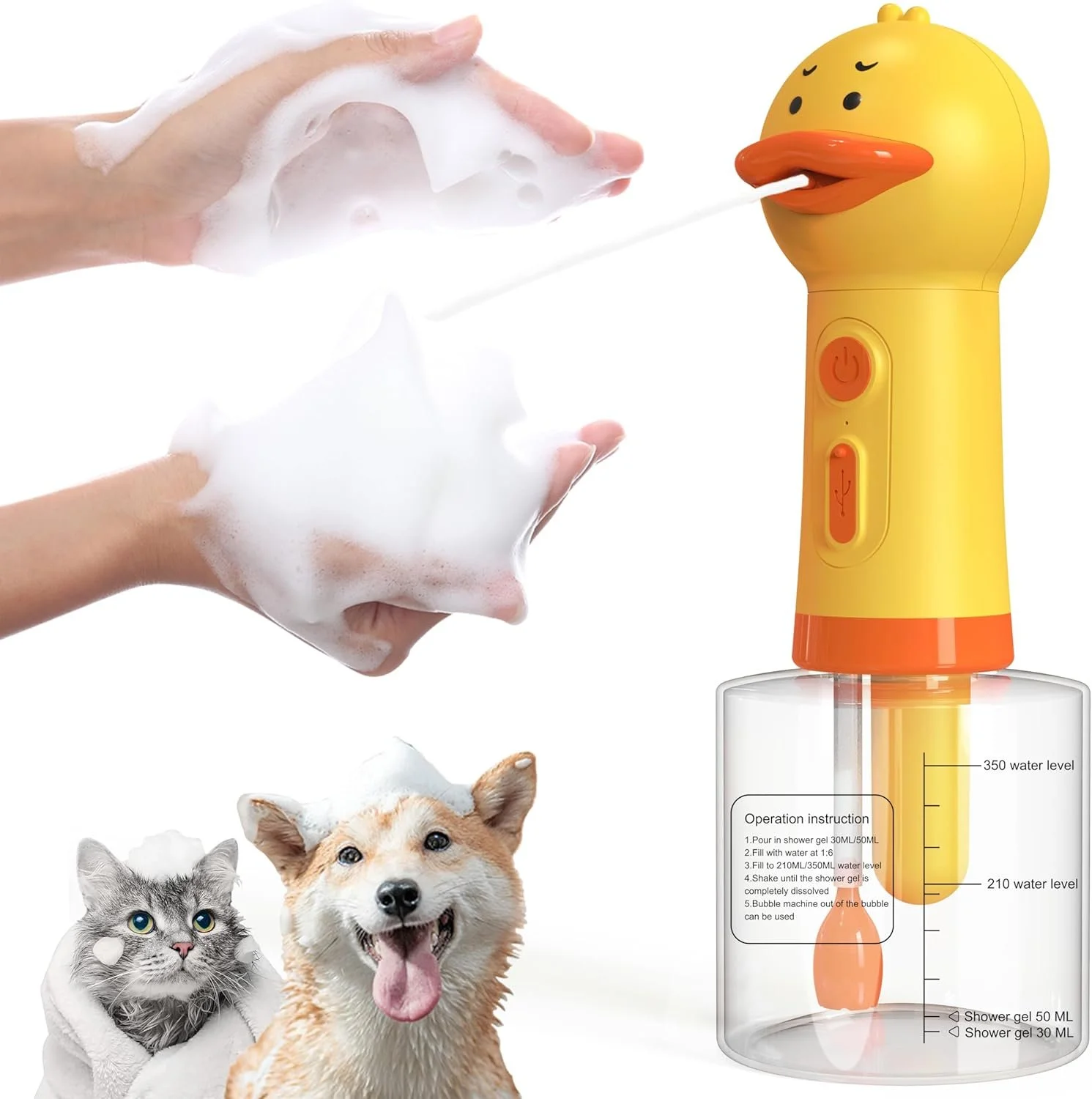 Yellow Duck Automatic Pet Foam Soap Dispenser - USB Charging, Waterproof & Easy Bathing