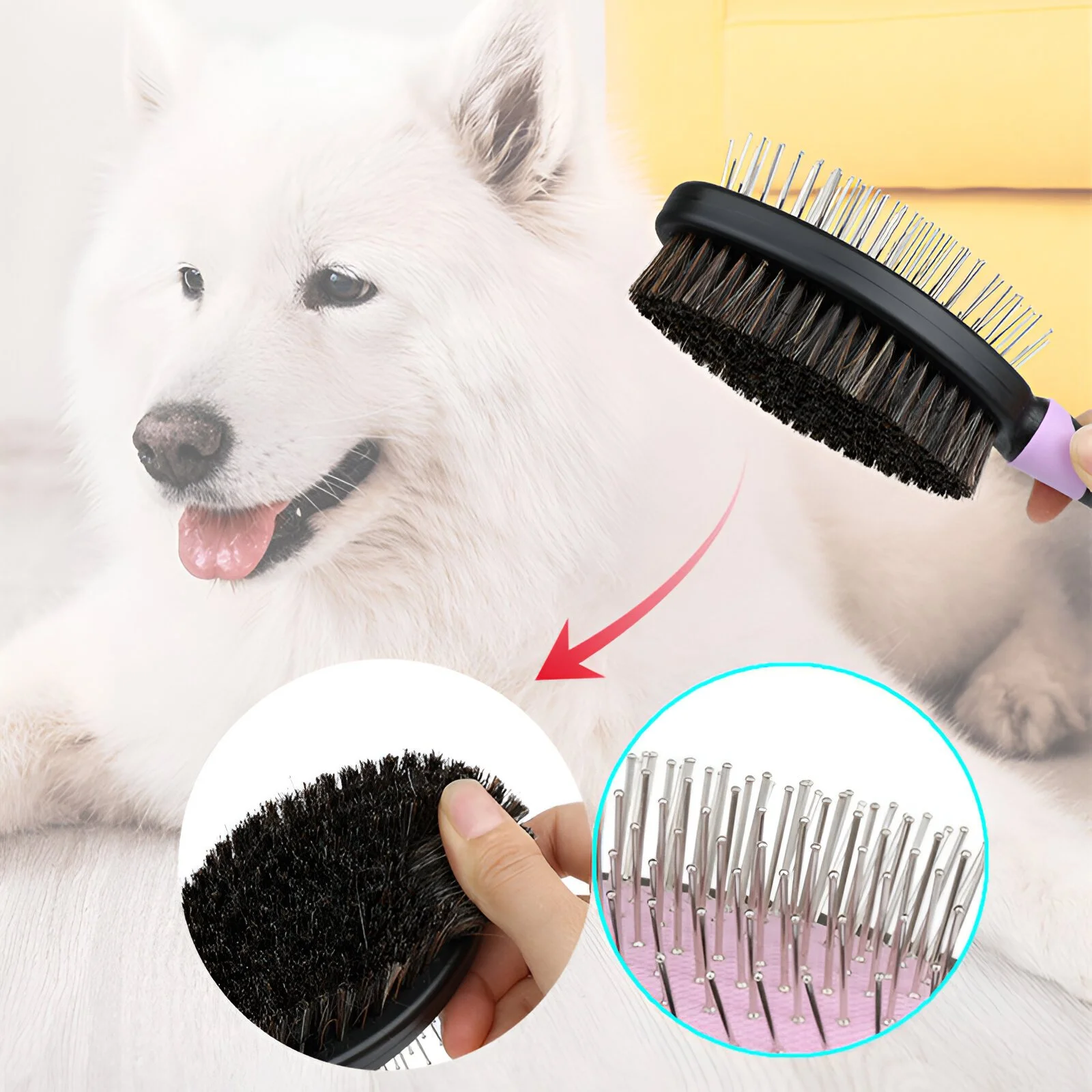 Double-Sided Pet Grooming Brush with Stainless Steel Massage Combs