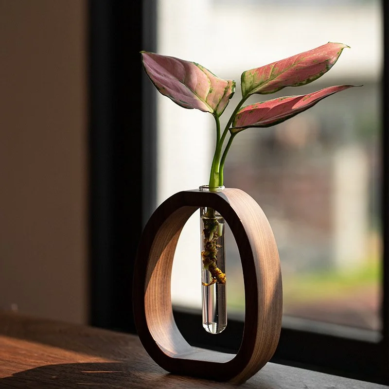 Walnut Wood Flower Vase Stand – Modern Mini Glass Water-Cultured Plant Holder