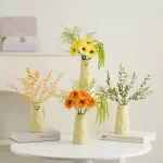 Yellow Ceramic Bud Vase with Funny Face - Cute Home Decoration and Flower Holder