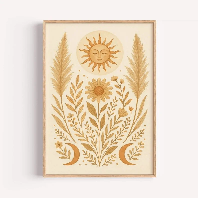 Boho Sun Wall Art - Celestial Floral Print for Bedroom & Nursery