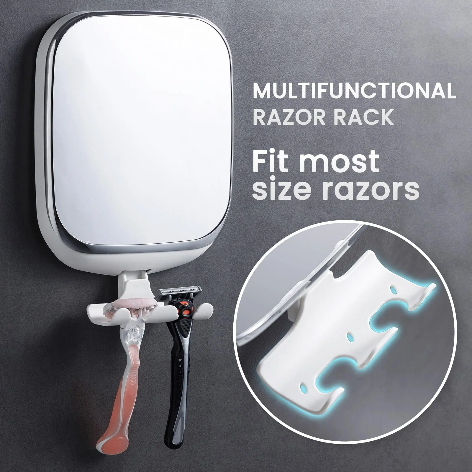 Fogless Shower Mirror with Razor Holder – Suction Cup Shaving & Makeup Mirror
