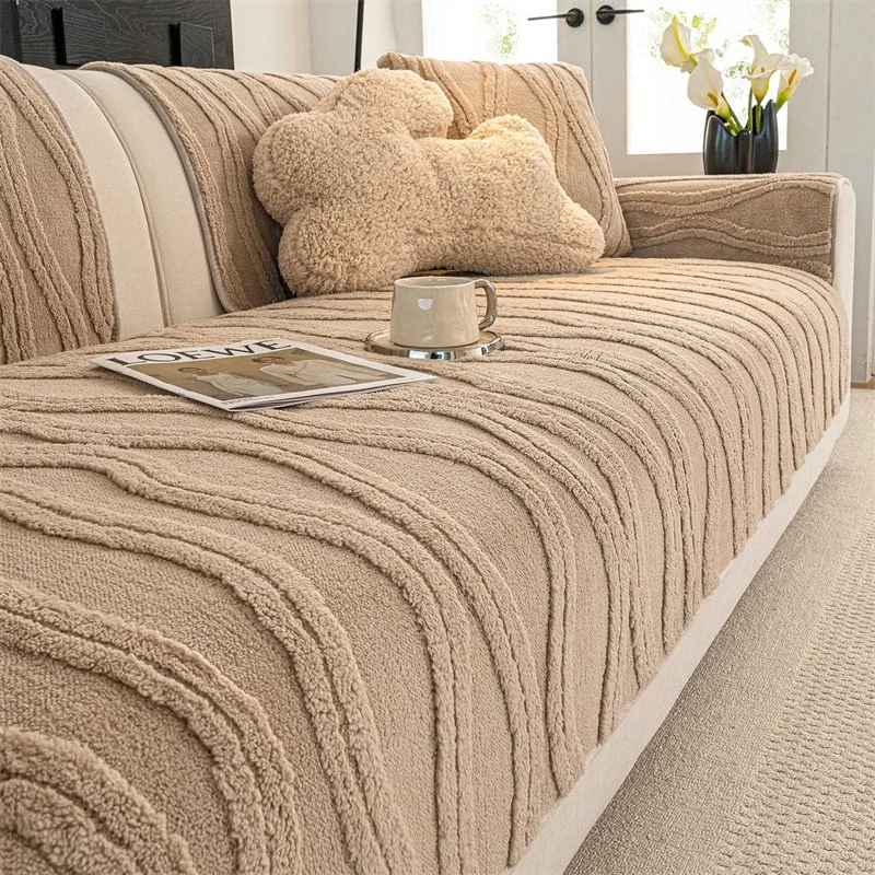 French Striped Plush Winter Sofa Cover – Warm, Non-Slip Couch Cushion Pad