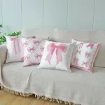 Pink Bow Embroidered Flannel Cushion Cover 18x18in Soft Decorative Pillowcase