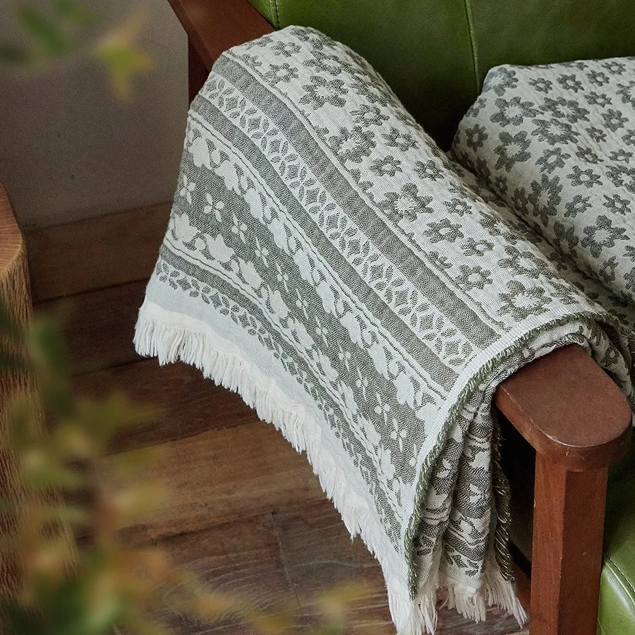 Pure Cotton Jacquard Tassel Throw Blanket for Sofa, Bed & Travel