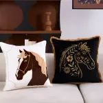 Gold Black Horse Embroidery Cushion Cover - Luxury Square Decorative Pillow for Sofa & Chair